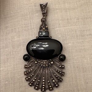 Art Deco Sterling, Black Onyx & Marcasite Vintage Brooch/Pendant